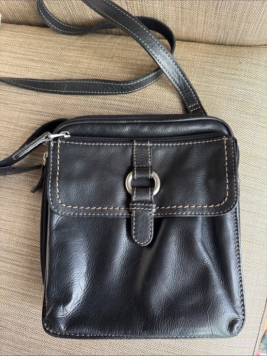 Fossil Handbags - Fossil Black Leather Square Crossbody Bag with Contrast Stitching